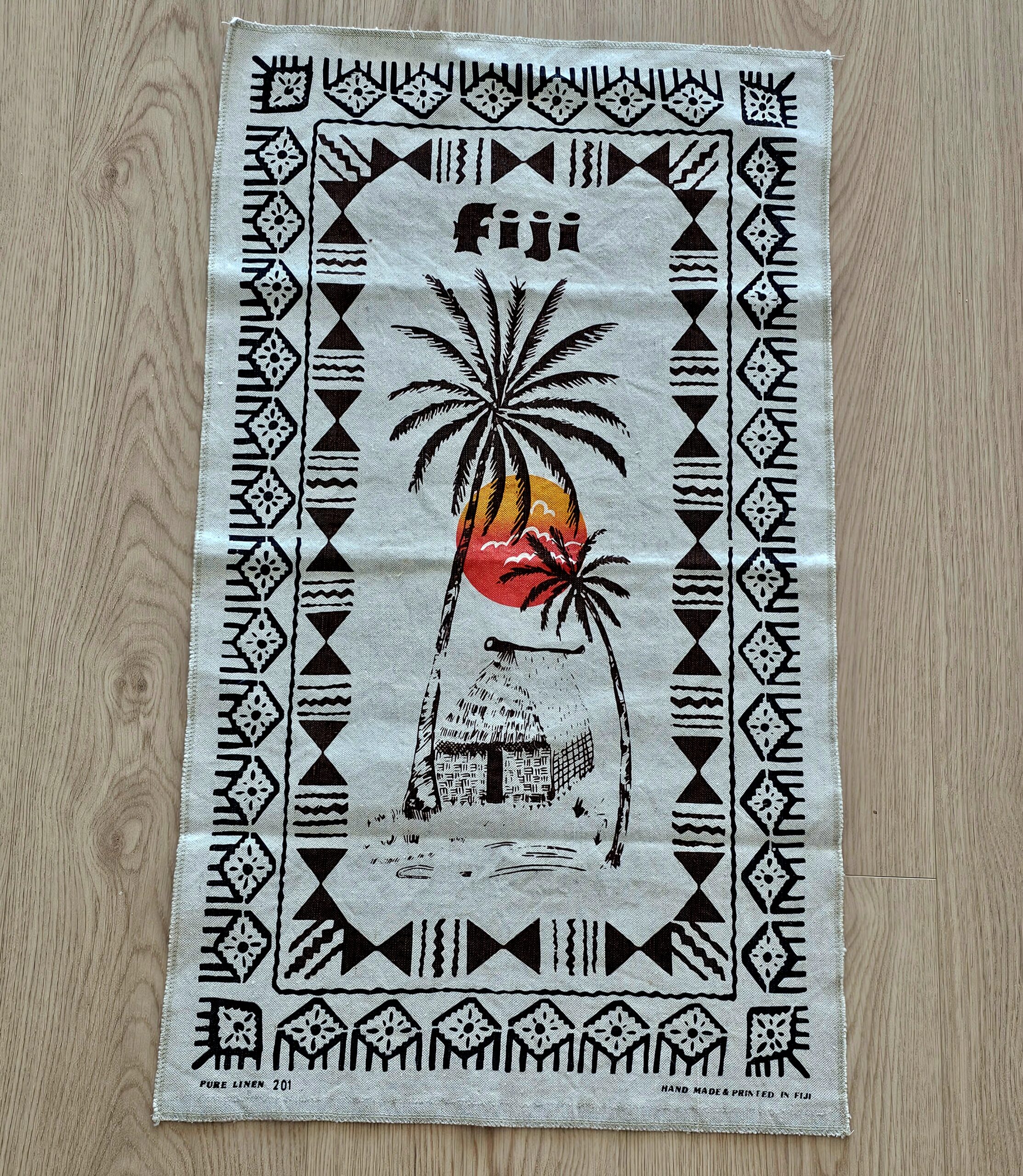 Teatowel - Fiji Sunset - morpeth antique centre hunter valley region vintage tea towel linen cotton roadtrip towns villages international fiji sunset sunrise hut shack