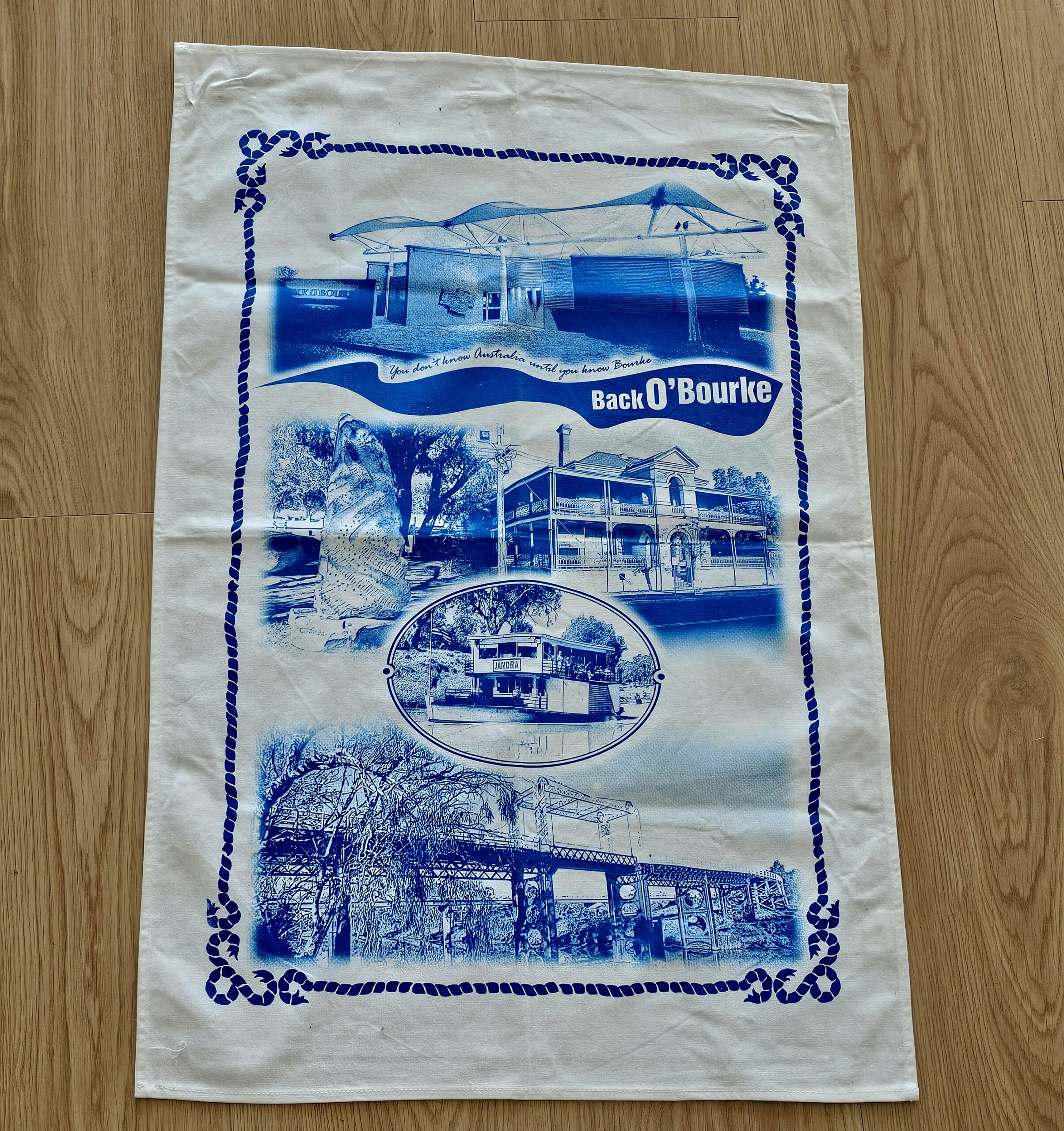 Teatowel - Back O' Bourke - morpeth antique centre hunter valley region vintage tea towel linen cotton roadtrip towns villages international bourke nsw qld