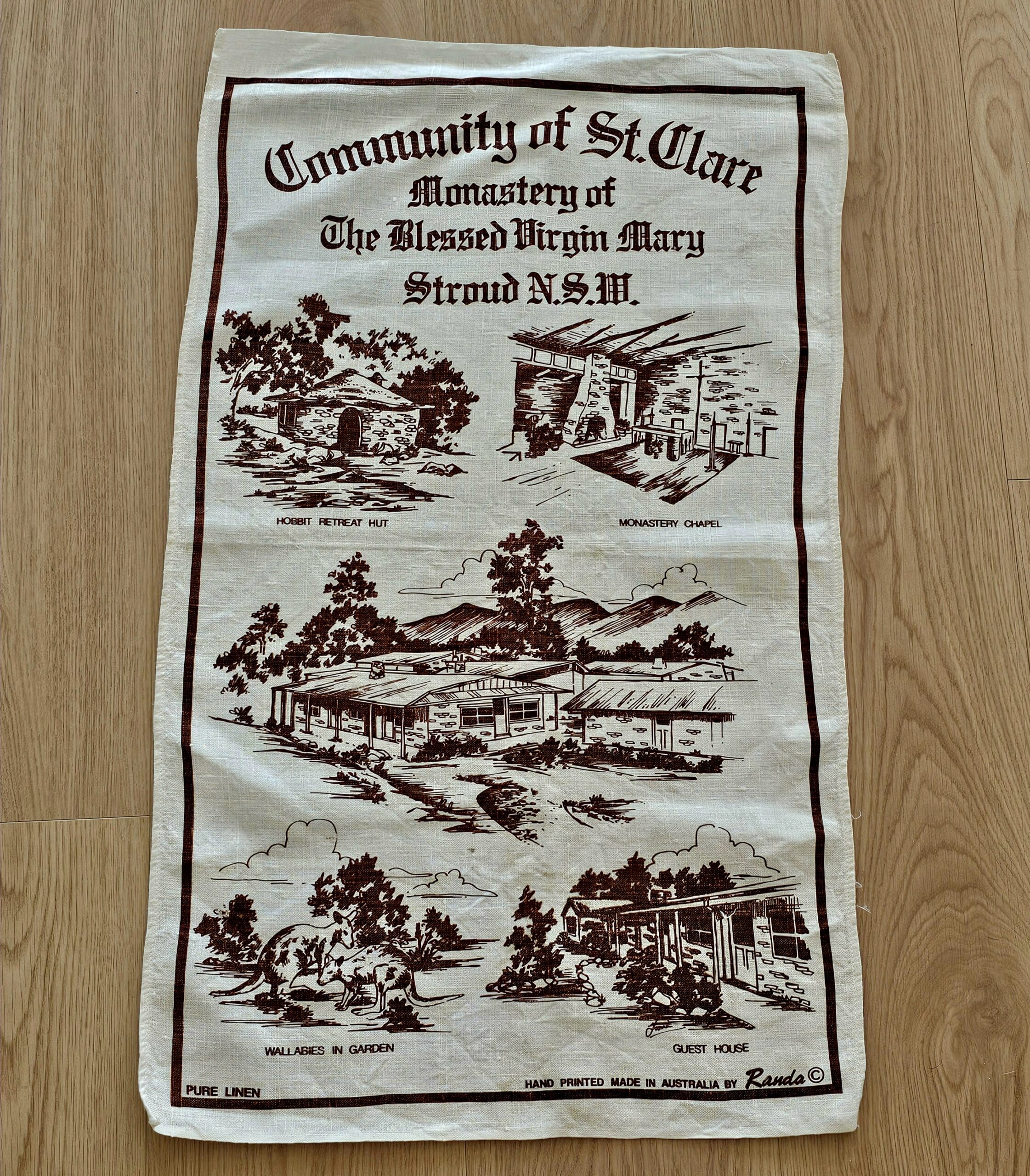 Teatowel - Community of St Clare, Stroud, NSW - morpeth antique centre hunter valley region vintage tea towel linen cotton roadtrip towns villages international community saint clare blessed virgin mary nsw catholic dioscese nunnery
