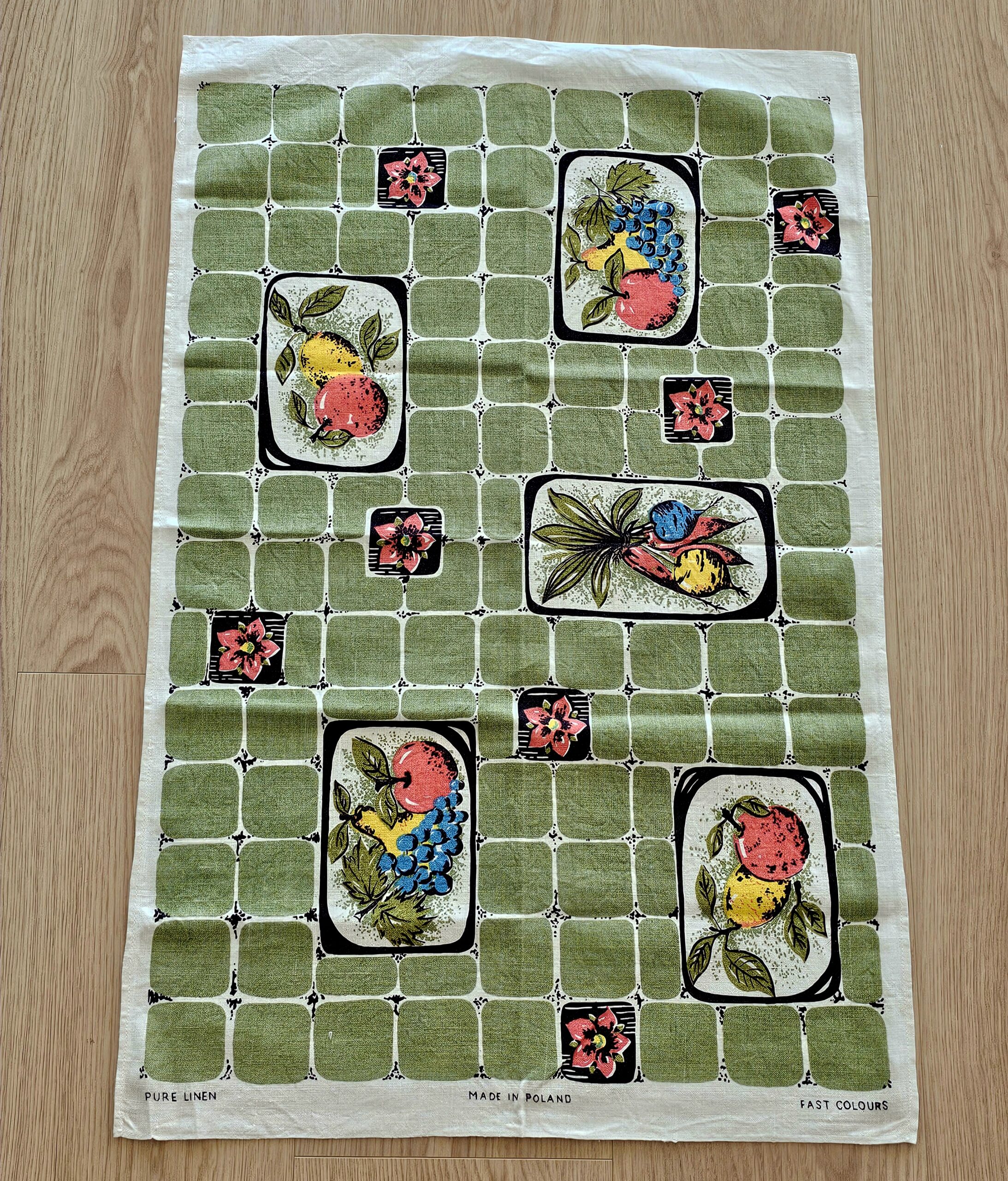 Teatowel - Green Tiles - morpeth antique centre hunter valley region vintage tea towel linen cotton roadtrip towns villages international green tiles fruit
