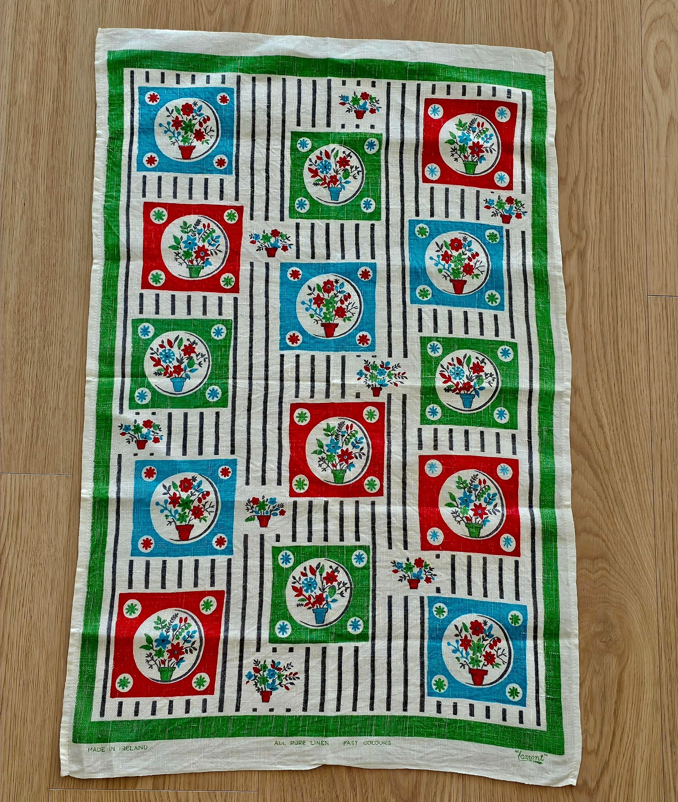 Teatowel - Floral Tiles & Stripes - morpeth antique centre hunter valley region vintage tea towel linen cotton roadtrip towns villages international floral tiles stripes