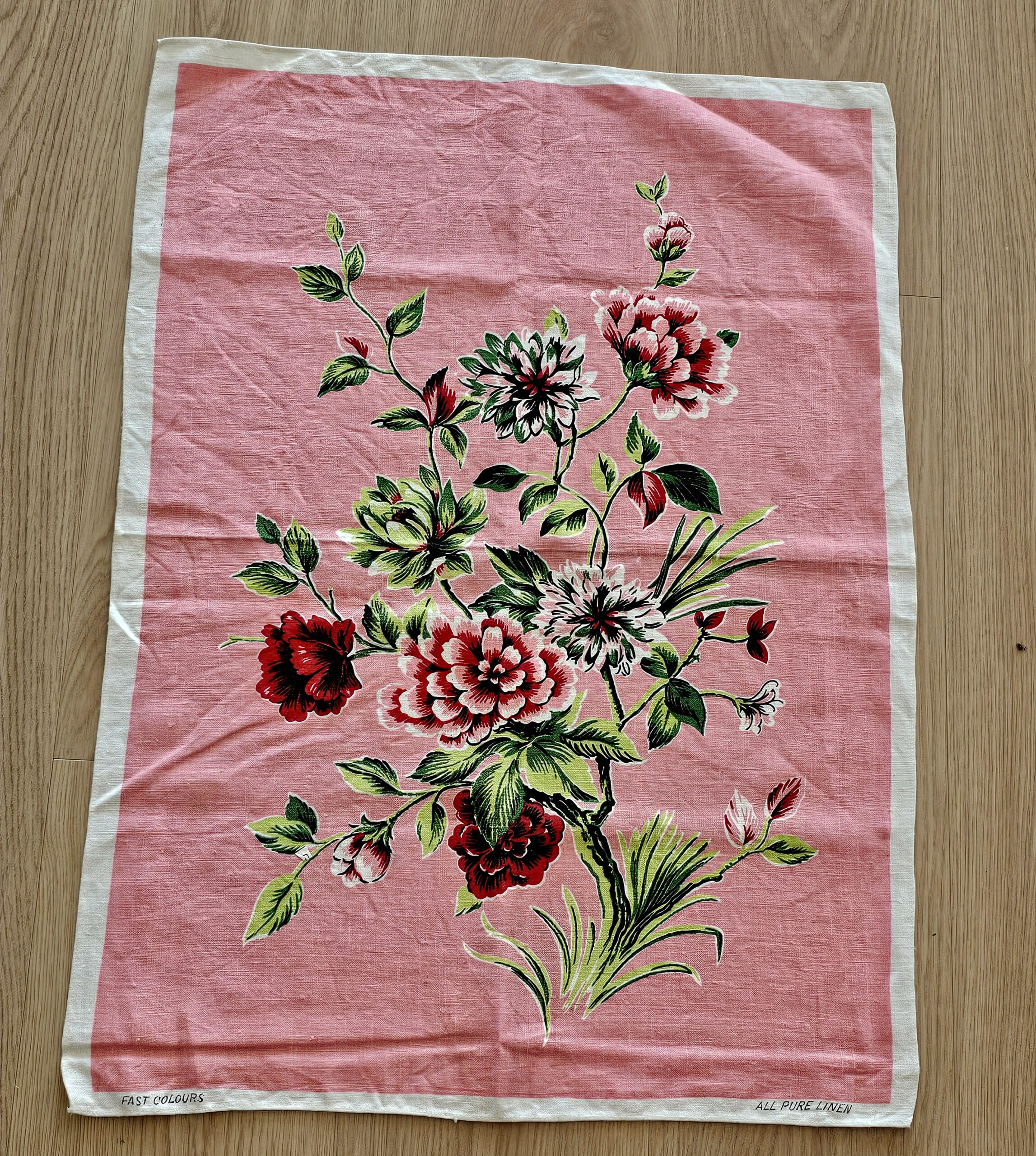 Teatowel - Pink Carnations - morpeth antique centre hunter valley region vintage tea towel road trip linen irish ulster weavers cotton international domestic australian pink carnation