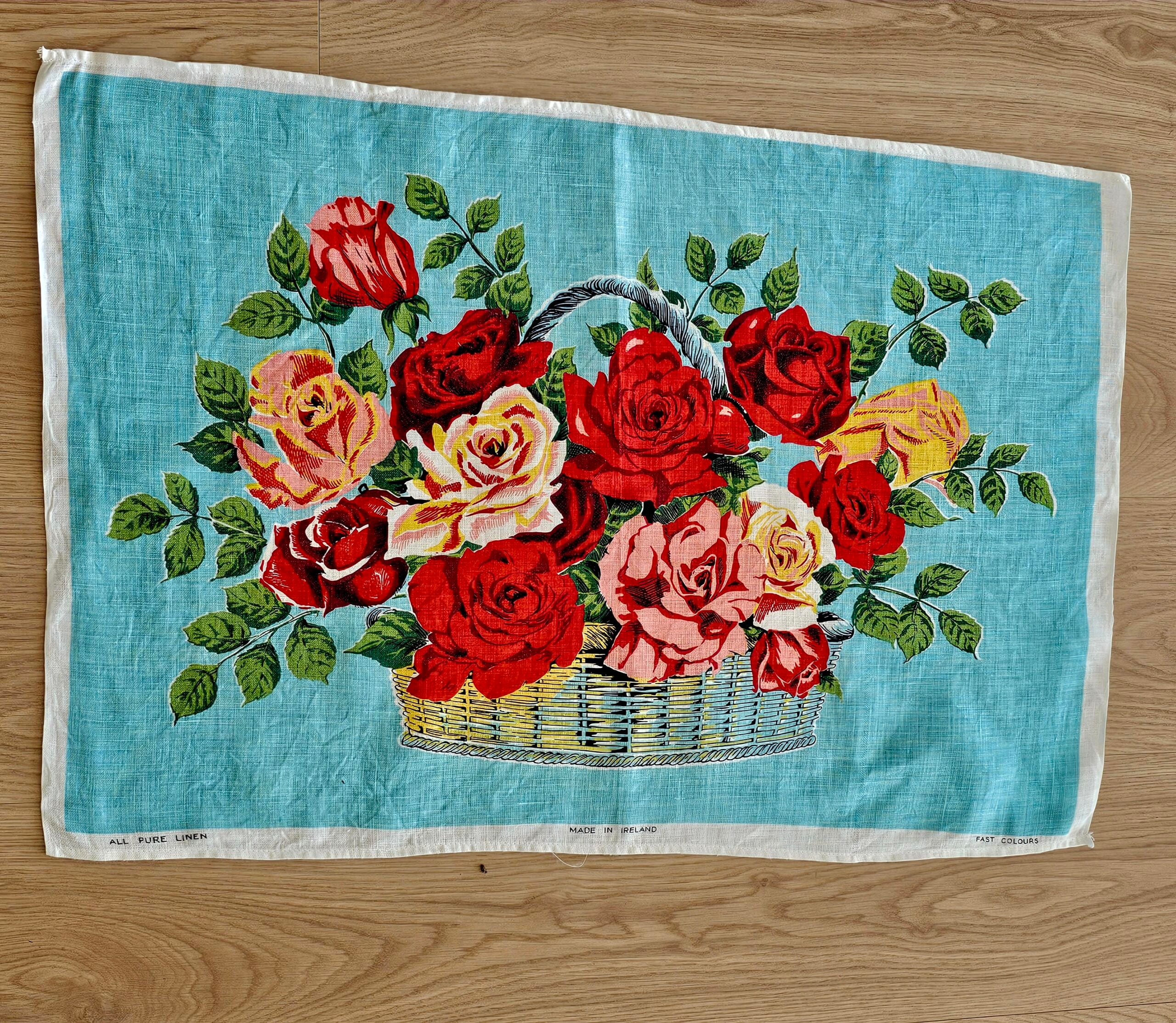 Teatowel - Rose Basket - morpeth antique centre hunter valley region vintage tea towel road trip linen irish ulster weavers cotton international domestic australian flower basket