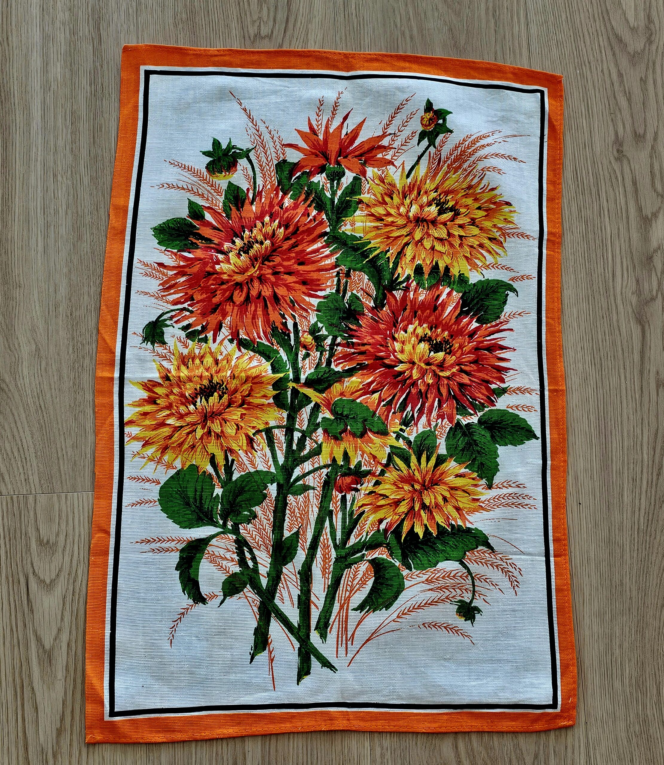Teatowel - Dahlias - morpeth antique centre hunter valley region vintage tea towel road trip linen irish ulster weavers cotton international domestic australian dahlias