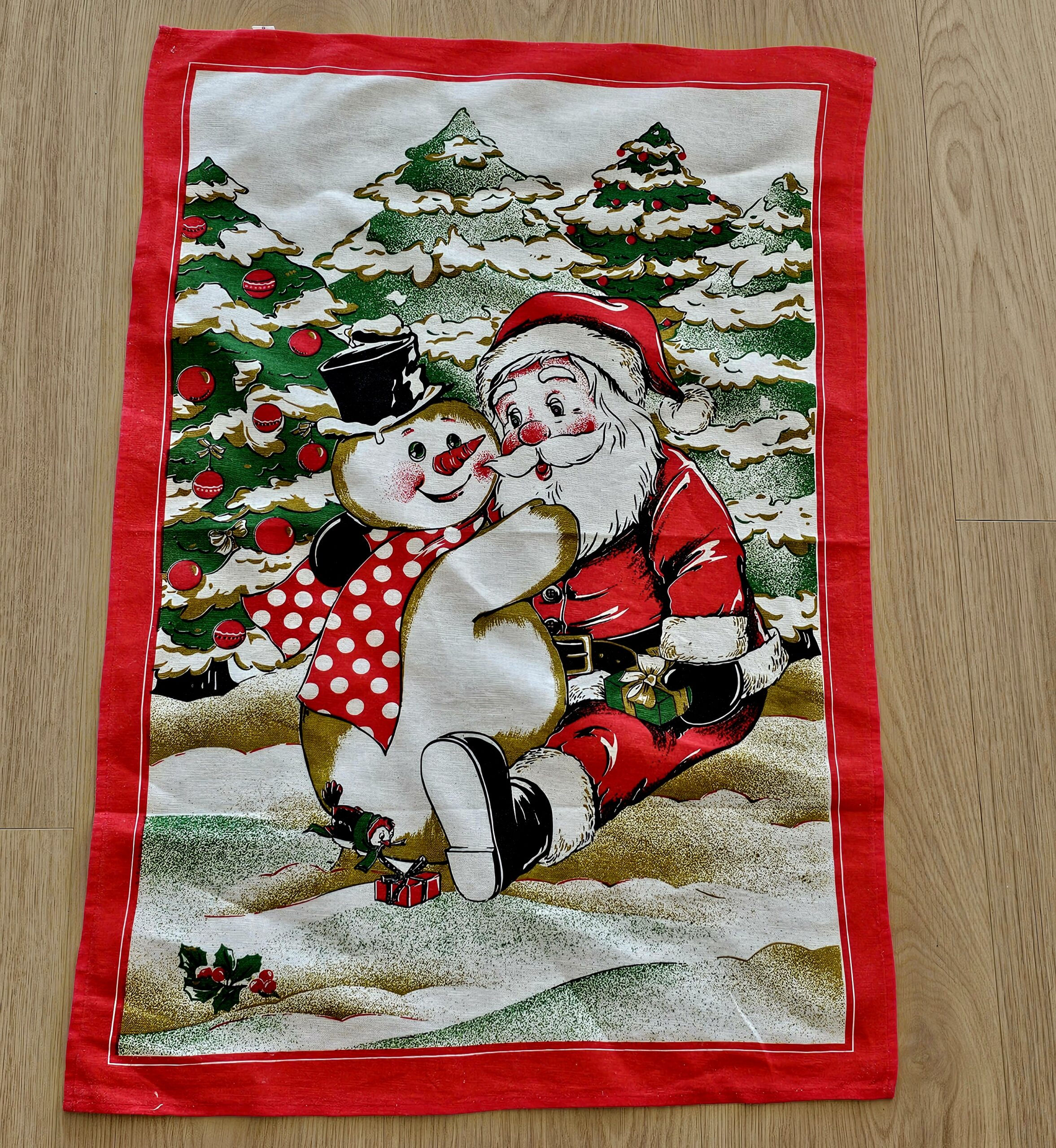 Teatowel - Santa & Snowman - morpeth antique centre hunter valley region vintage tea towel road trip linen irish ulster weavers cotton international domestic australian santa snowman winter wonderland christmas