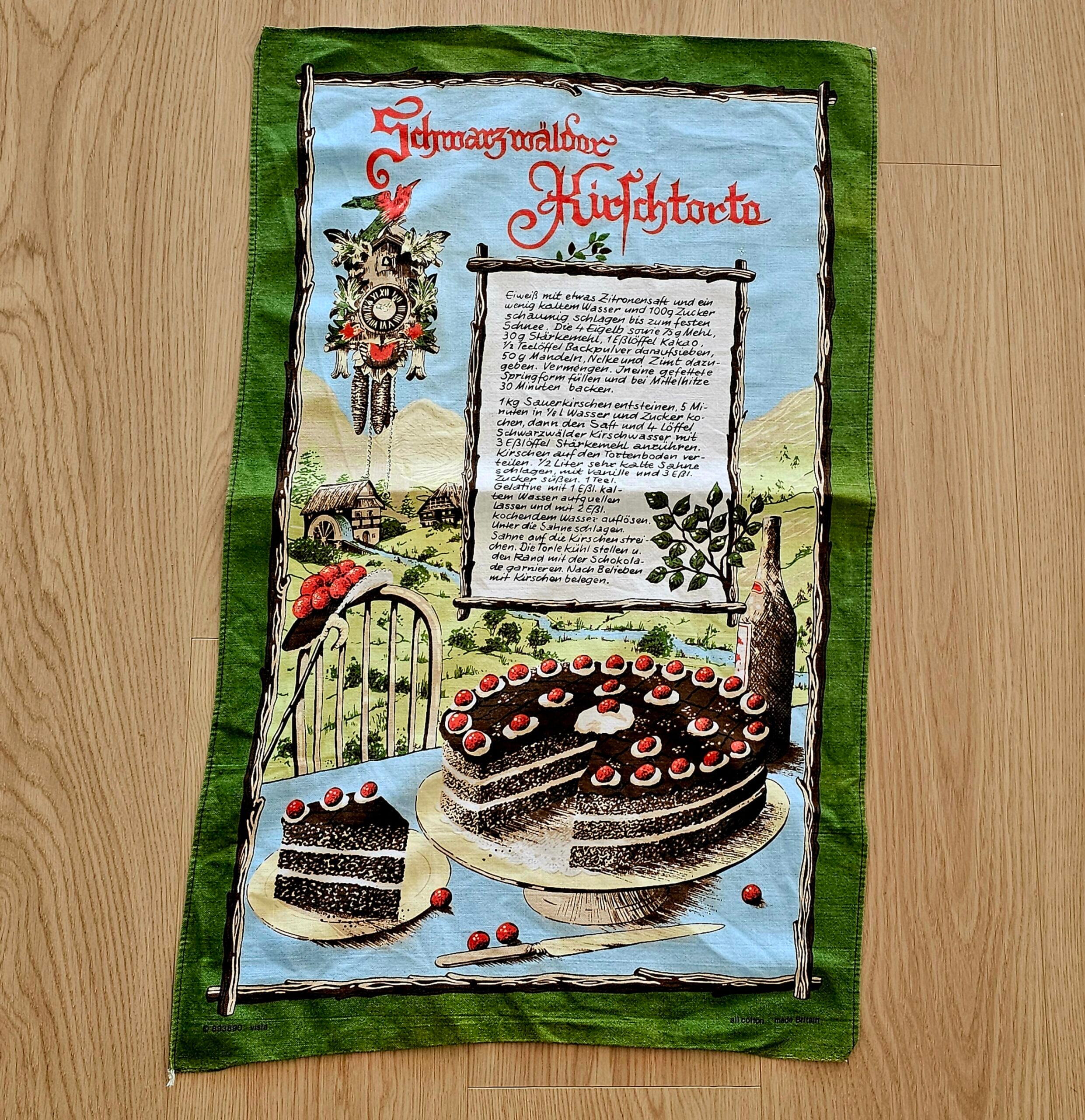 Teatowel - Black Forest Cherry Cake - morpeth antique centre hunter valley region vintage tea towel road trip linen irish ulster weavers cotton international domestic australian black forest cherry cake germany switzerland