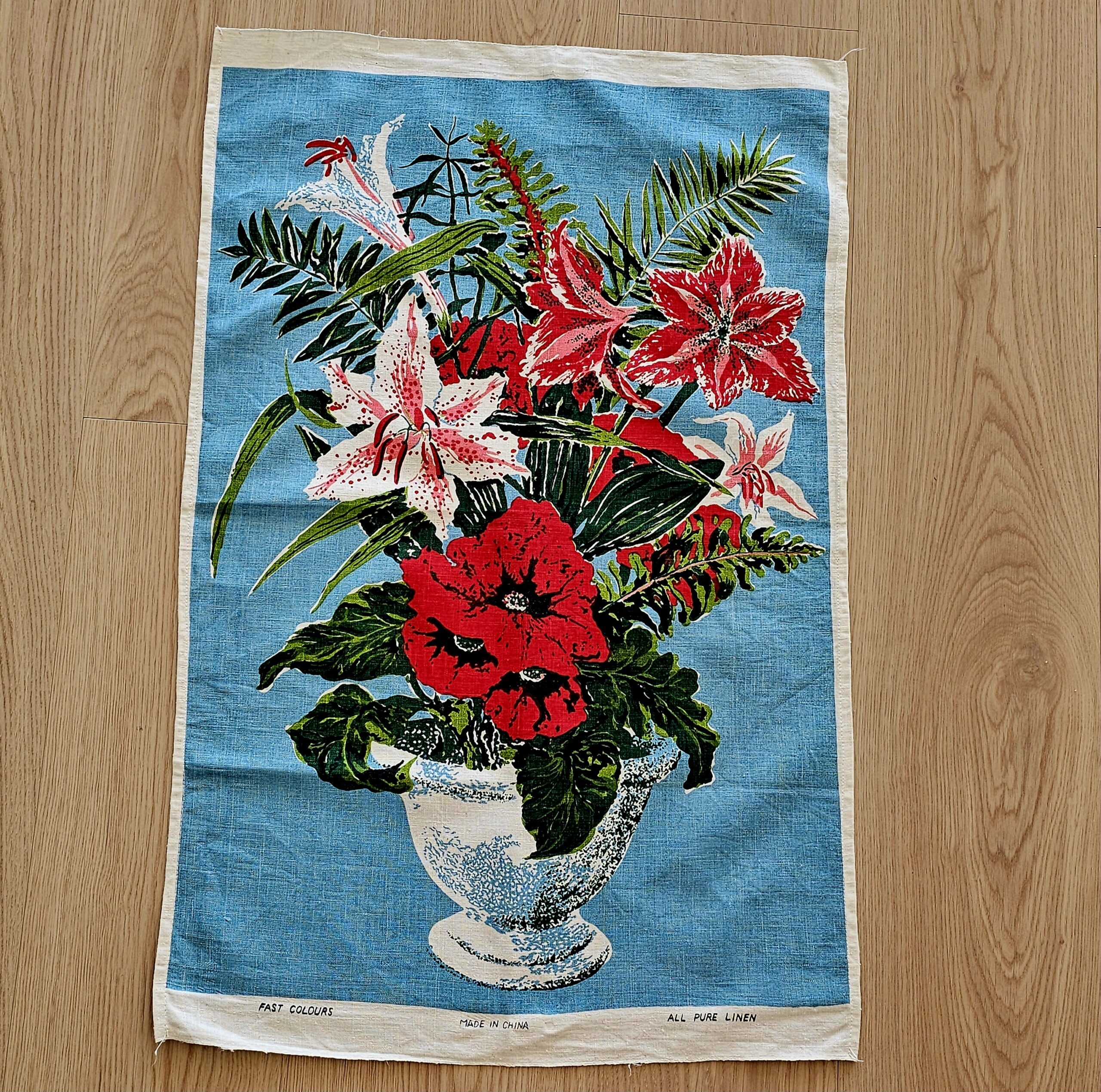 Teatowel - Lillies on Blue - morpeth antique centre hunter valley region vintage tea towel road trip linen irish ulster weavers cotton international domestic australian lillies blue